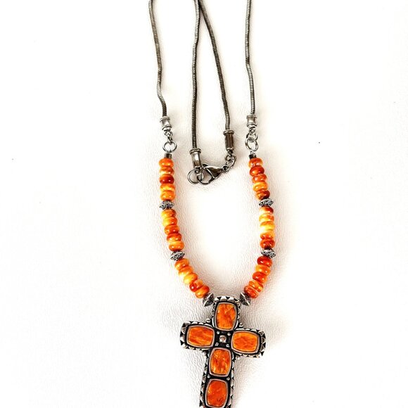 Western Necklace, Sterling Cross Necklace, Spiny Oyster Necklace - Picture 9 of 9